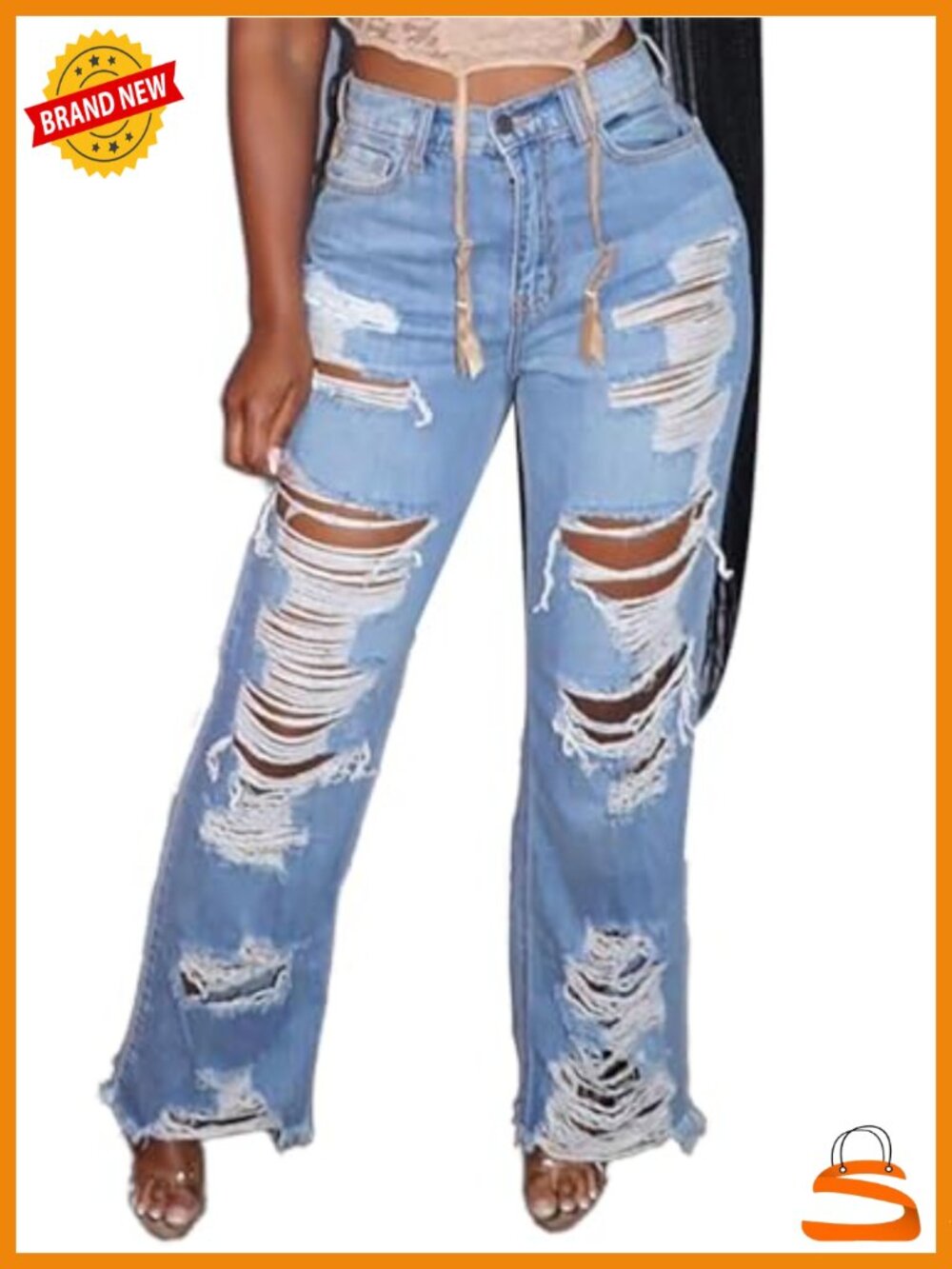 High Waisted Ripped Jeans Cut Out Destroyed Frayed Tassels Distressed Denim